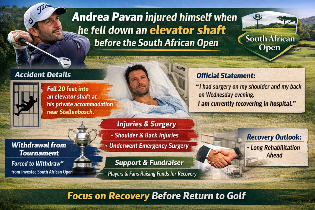 Andrea Pavan injured was taken to the hospital after falling down an elevator shaft at a private home near Stellenbosch before the South African Open.