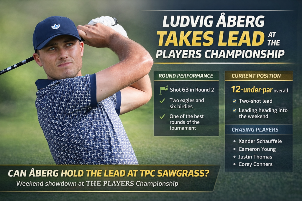 Ludvig Åberg leading The Players Championship at TPC Sawgrass after shooting 63 in Round 2