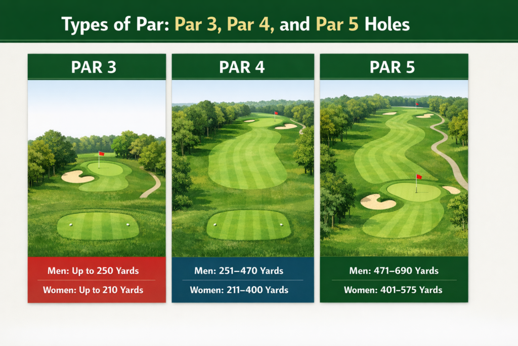 Types of par in golf showing par 3, par 4 and par 5 hole layouts with men’s and women’s yardage ranges