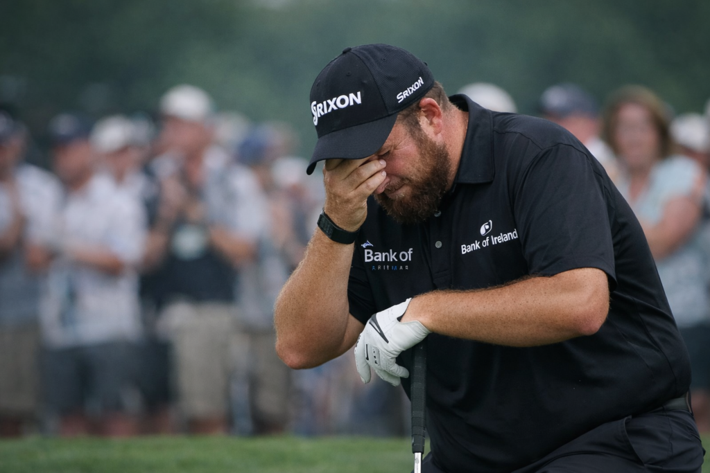 Shane Lowry reacts in frustration during the final round of the 2026 Cognizant Classic, covering his face after a costly mistake.
