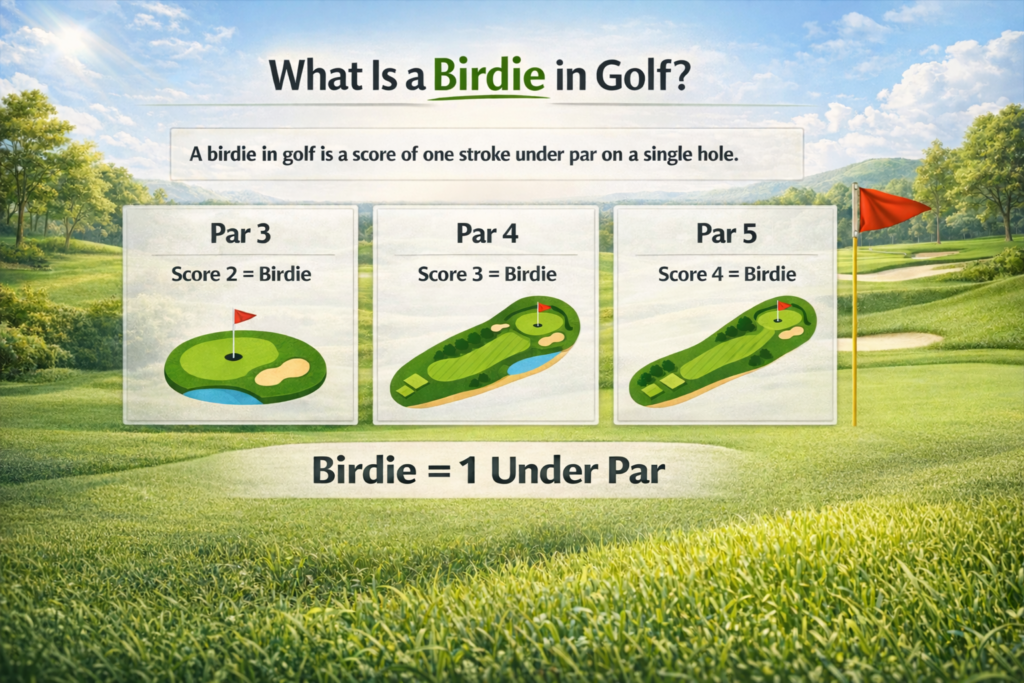 What is a birdie in golf, explained with examples for par 3, par 4, and par 5 holes
