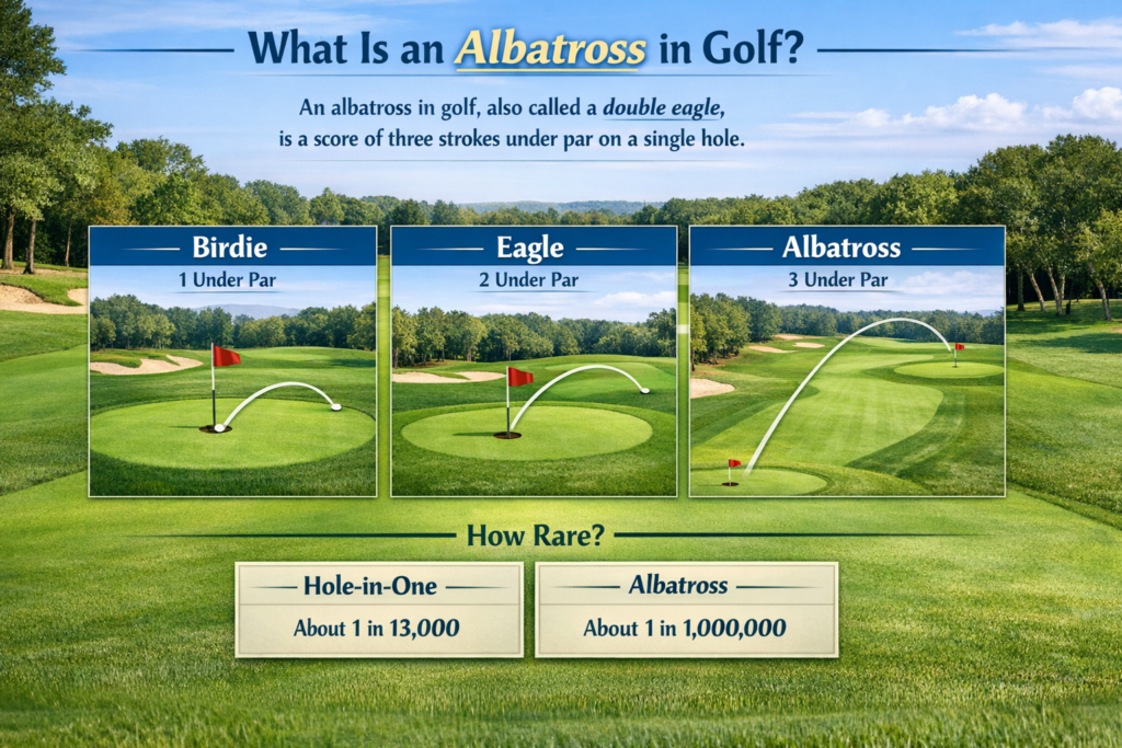 What an albatross in golf means compared with birdie and eagle and how rare it is