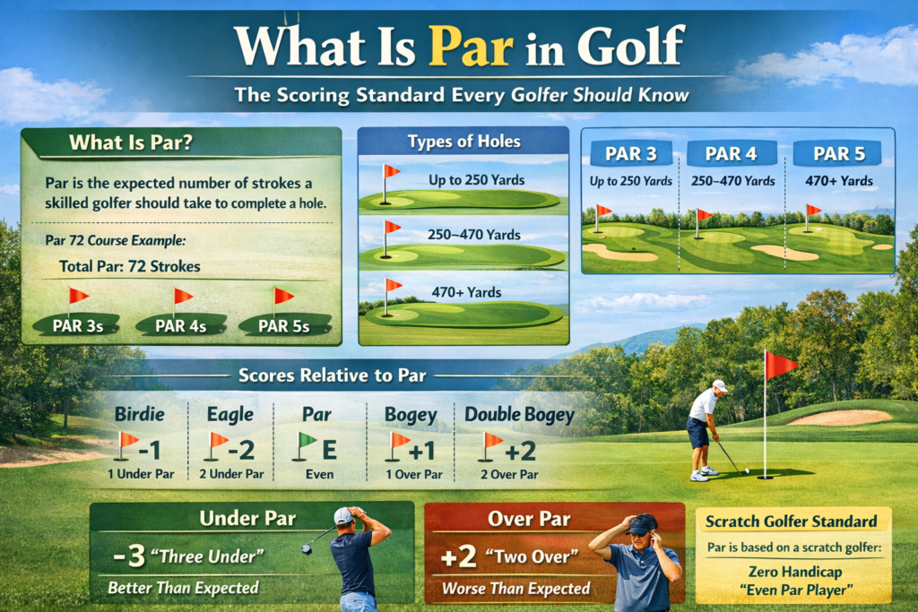 What is par in golf infographic explaining par 3, par 4, par 5 yardages and golf scoring terms like birdie, eagle and bogey