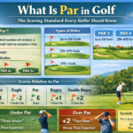 What is par in golf infographic explaining par 3, par 4, par 5 yardages and golf scoring terms like birdie, eagle and bogey